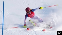 Mikaela Shiffrin from the USA goes out in the first run of the women's slalom at the 2022 Winter Olympics, on February 9, 2022.