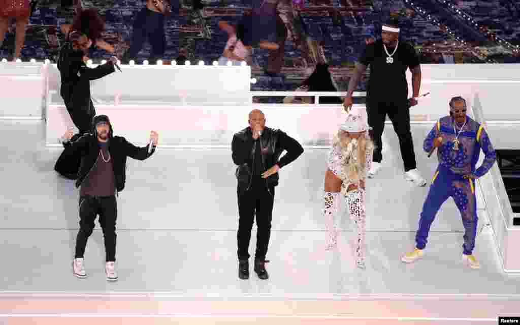 Eminem, Kendrick Lamar, Dr Dre, Mary J. Blige, 50 Cent and Snoop Dogg perform during the halftime show of NFL Super Bowl between Cincinnati Bengals and Los Angeles Rams at the SoFi Stadium in Inglewood, California, Feb. 13, 2022.