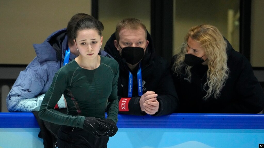 Kamila Valieva of the Russian Olympic Committee trains at the 2022 Winter Olympics, Feb. 10, 2022, in Beijing.