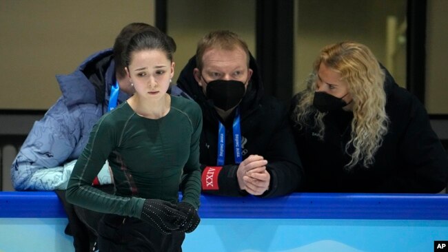 Kamila Valieva of the Russian Olympic Committee trains at the 2022 Winter Olympics, Feb. 10, 2022, in Beijing.