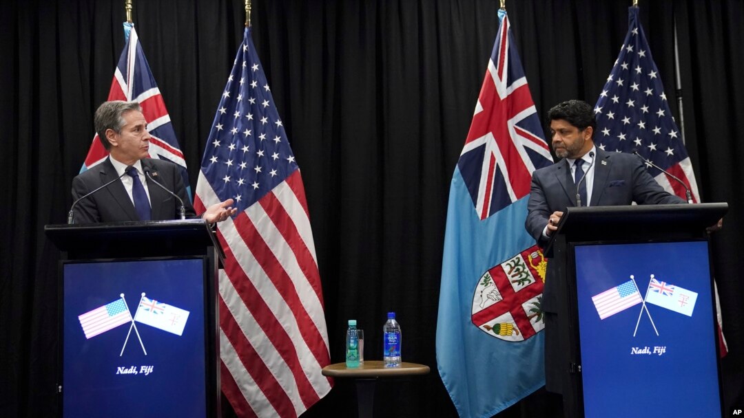 U.S. Secretary of State Antony Blinken, left, speaks in a joint press availability with Fiji acting Prime Minister Aiyaz Sayed-Khaiyum during his visit to Nadi, Fiji, Feb. 12, 2022. 