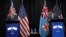 U.S. Secretary of State Antony Blinken, left, speaks in a joint press availability with Fiji acting Prime Minister Aiyaz Sayed-Khaiyum during his visit to Nadi, Fiji, Feb. 12, 2022. 