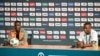 Ivory Coast's coach Emerse Fae and forward Max-Alain Gradel attend a press conference at the Palais de la Culture in Abidjan on February 6, 2024, on the eve of the 2023 Africa Cup of Nations semi-final against DRC. 