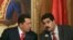 Venezuelan President Hugo Chavez, left, with his then Foreign Minister and current Vice President Nicolas Maduro, Miraflores Palace, Caracas (undated file photo).