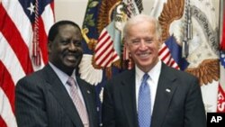 Vice President Joe Biden meets with Kenya's Prime Minister Raila Odinga, in the Roosevelt Room at the White House in Washington, April 12, 2011