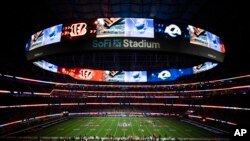 General view of the interior of SoFi Stadium from an elevated position during Super Bowl 56 football game between the Los Angeles Rams and the Cincinnati Bengals on Sunday, Feb. 13, 2022 in Inglewood, California. (AP Photo/Kyusung Gong)