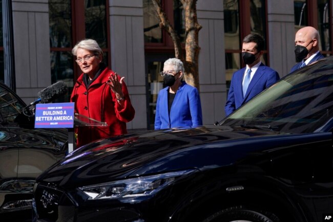 Energy Secretary Jennifer Granholm speaks during an event at the Transportation Department in Washington, Feb. 10, 2022.