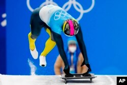 Vladyslav Heraskevych, of Ukraine, starts the men's skeleton run 3 at the 2022 Winter Olympics, Feb. 11, 2022, in the Yanqing district of Beijing.