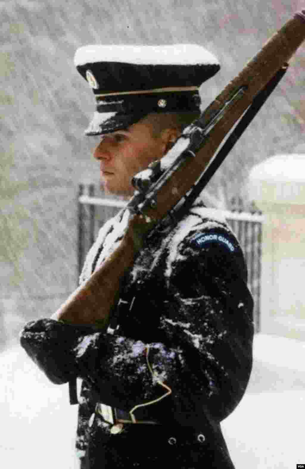 Naməlum Əsgər Məzarında patrul.&nbsp; Vaşinqtonda qarlı gündə hökumət idarələri bağlansa da patrul öz postunda qalır.&nbsp; Foto: IMGUR.