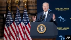 President Joe Biden speaks about the long-delayed cleanup of Great Lakes harbors and tributaries polluted with industrial toxins at the Shipyards, Feb. 17, 2022, in Lorain, Ohio.
