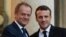 French President Emmanuel Macron (right) welcomes European Council President Donald Tusk at the Elysee presidential Palace in Paris, May 17, 2017.