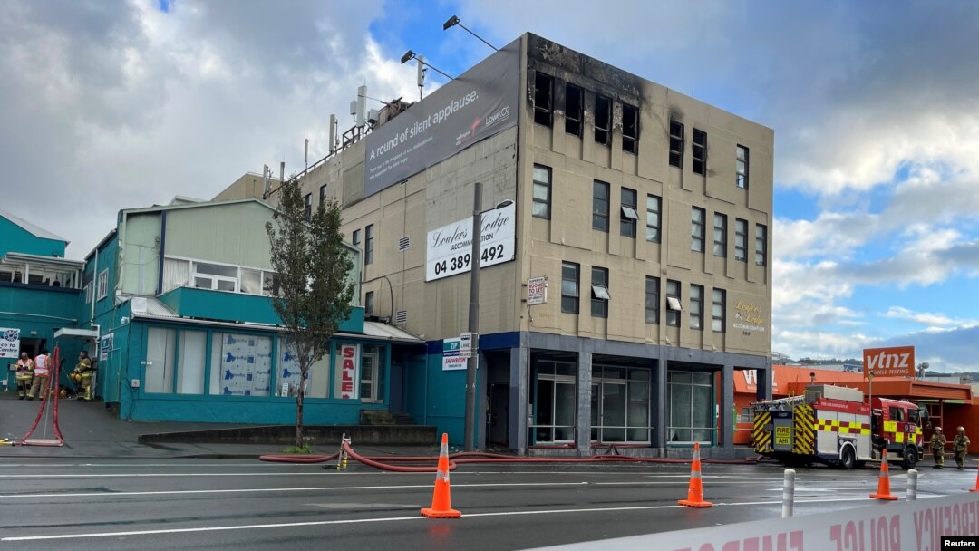 The exterior of a hostel, after a fire ripped through the building, resulting in a number of deaths, in Wellington, New Zealand May, 16, 2023. 