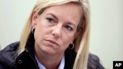 Homeland Secretary Kirstjen Nielsen listens during an interview, Jan. 2, 2018, in San Diego. 