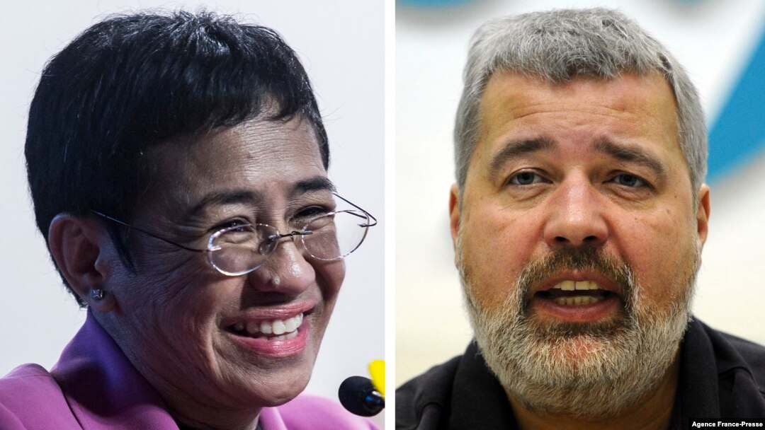 Maria Ressa (kiri), CEO situs Rappler (Filipina), dan Dmitry Muratov, pimred suratkabar Novaya Gazeta (Rusia) dianugerahi Nobel Perdamaian, Jumat (8/10).