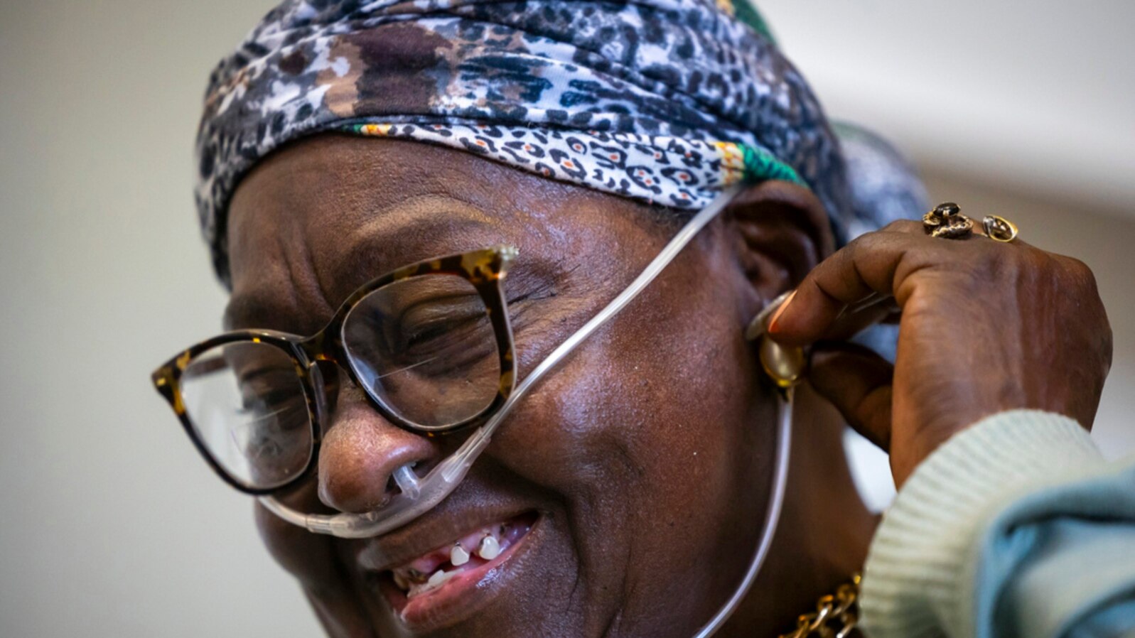 Patricia Johnican smiles as she talks about her family during an interview at Commons of Grace Senior on Sept. 25, 2024, in Houston.