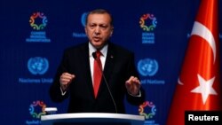 FILE - Turkish President Tayyip Erdogan talks at the closing news conference during the World Humanitarian Summit in Istanbul, May 24, 2016. 