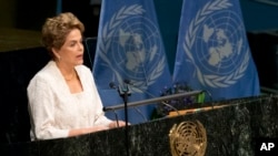 Brazilian President Dilma Rousseff speaks during the Paris Agreement on climate change ceremony at U.N. headquarters, April 22, 2016. 