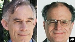 Undated handout pictures show Americans Thomas Sargent (R) and Christopher Sims (L) who were awarded the 2011 Nobel economics prize on October 10, 2011 in Stockholm.