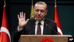Turkey's President Recep Tayyip Erdogan gestures during a press conference at the Presidential Palace in Ankara, Turkey, Oct. 6, 2017. 