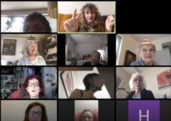 In this May 11, 2020, image made from video provided by Greenwich House, people laugh as they gather online for a comedy class through Greenwich House in New York. (Courtesy of Celeste Kaufman/Greenwich House via AP)