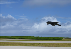 미 공군 B-2 스리핏 스텔스폭격기가 17일 인도양 디에고가르시아 기지에서 이륙하고 있다.
