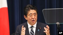 Japanese Prime Minister Shinzo Abe speaks during a press conference at Abe's official residence in Tokyo, Wednesday, June 26, 2019.