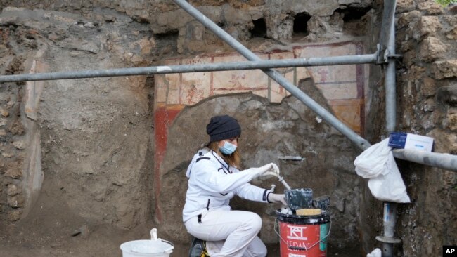 A restorer performs work on an unearthed wall at the Pompeii archaeological site, Feb. 15, 2022. (AP Photo/Gregorio Borgia)