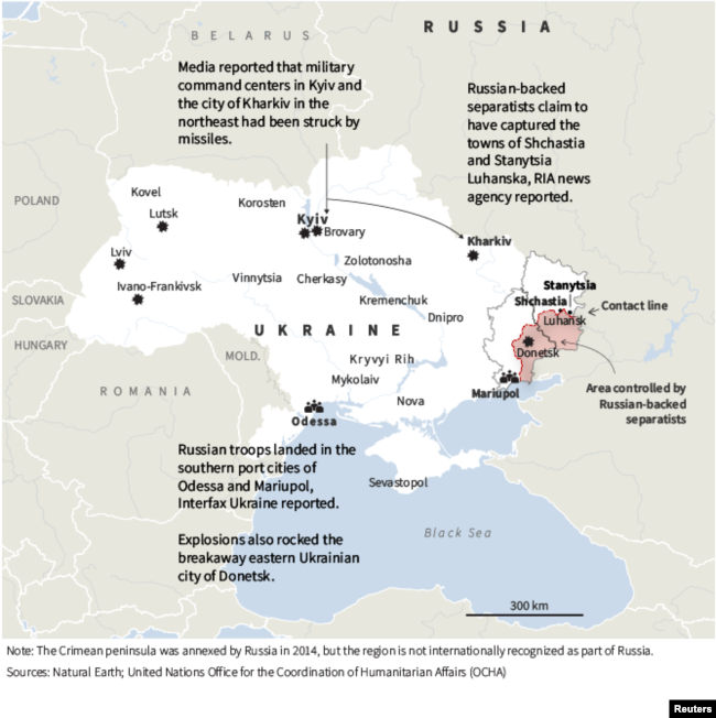 Map of reported military action in Ukraine, Feb. 24, 2022.