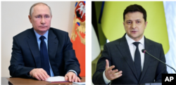 Kushoto, Rais Vladimir Putin na Rais wa Ukraine Volodymyr Zelenskyy.