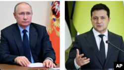 Presidente russo, Vladimir Putin, (esq) e Presidente ucraniano, Volodymyr Zelenskyy