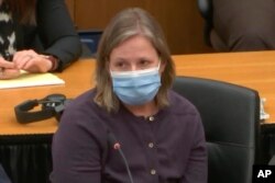 In this screen grab from video, former Brooklyn Center Police Officer Kim Potter listens during a sentencing hearing Feb. 18, 2022 at the Hennepin County Courthouse in Minneapolis. (Court TV via AP, Pool, File)