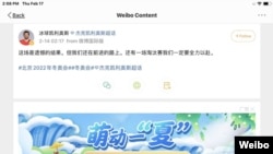 Screenshot of Chinese ice hockey player Jake Chelios' message to fans on his Weibo account, Feb. 17, 2022.