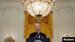 U.S. President Joe Biden provides an update on Russia and Ukraine during remarks in the East Room of the White House in Washington, Feb. 22, 2022.