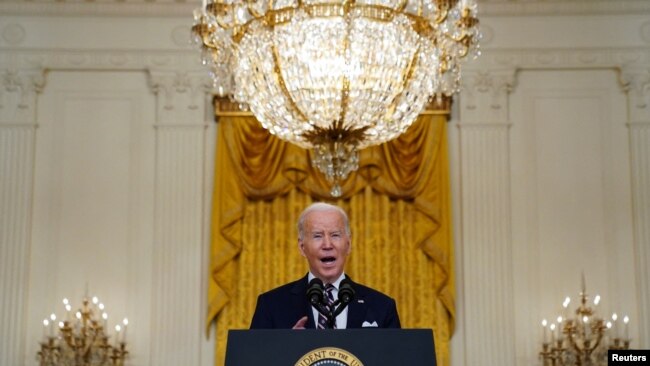 U.S. President Joe Biden provides an update on Russia and Ukraine during remarks in the East Room of the White House in Washington, Feb. 22, 2022.