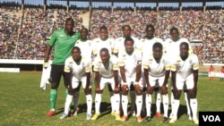 The Zimbabwe men's national team, The Warriors, is pictured at National Sports Stadium in Harare in 2014. (Columbus Mavhunga/VOA) 