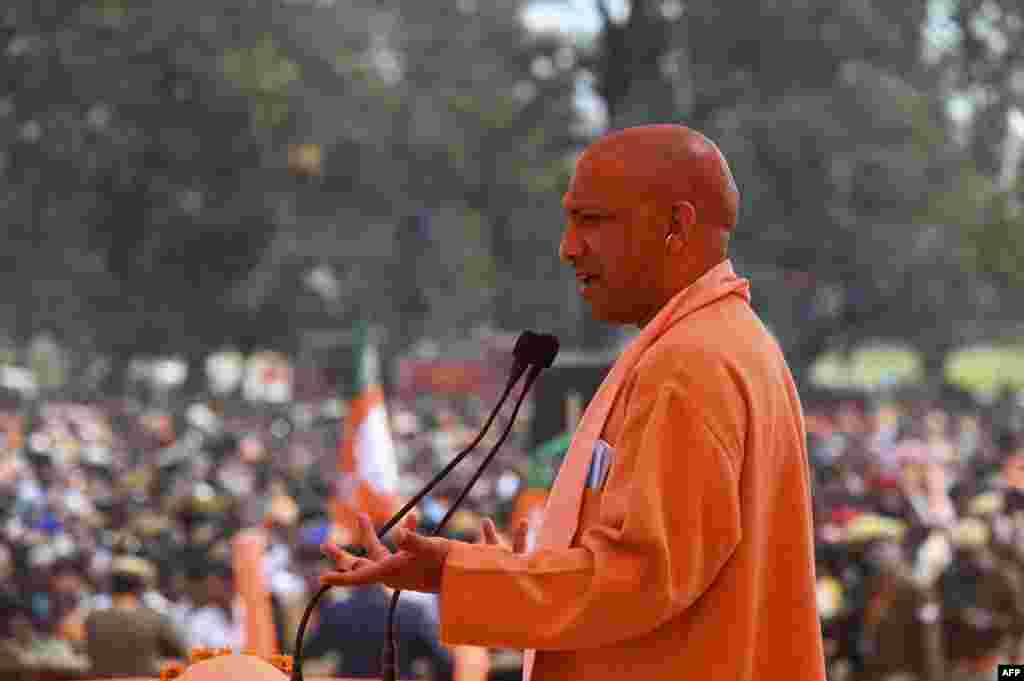 Uttar Pradesh Chief Minister and Bhartiya Janata Party Leader Yogi Adityanath delivers a speech during an election rally in Shravasti, Uttar Pradesh, India.