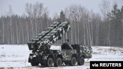 A view shows a rocket launcher system during the "Allied Resolve" military exercises held by the armed forces of Russia and Belarus at the Osipovichsky training ground in the Mogilev region, Belarus, Feb. 17, 2022.