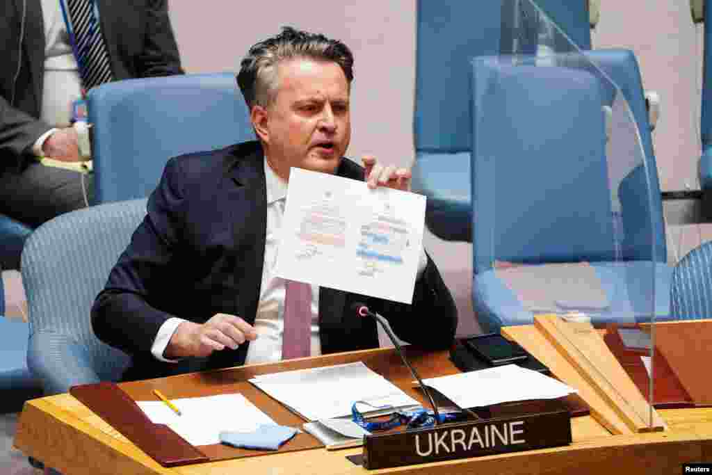 Ukrainian Ambassador to the United Nations Sergiy Kyslytsya speaks as the United Nations Security Council meets in New York, Feb. 21, 2022, after Russia recognized two breakaway regions in eastern Ukraine as independent entities.