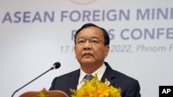 FILE - Cambodian Foreign Minister Prak Sokhonn holds a press conference after the Association of Southeast Asian Nations (ASEAN) session of ASEAN foreign ministers' retreat in Phnom Penh, Cambodia, Thursday, Feb. 17, 2022.