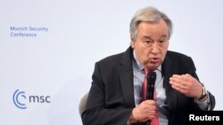 United Nations Secretary General Antonio Guterres speaks during the annual Munich Security Conference, in Munich, Germany, Feb. 18, 2022. 