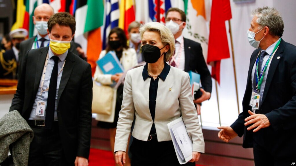 European Commission President Ursula von der Leyen leaves at the end of an EU summit on Ukraine in Brussels, Feb. 25, 2022. 