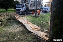 Workers clear a tree from a road during Storm Franklin in Cambrai, France, Feb. 21, 2022.