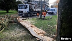 Para petugas berusaha membereskan pohon tumbang dari jalanan di Cambrai, Prancis, setelah badai Franklin menerjang area tersebut, pada 21 Februari 2022. (Foto: Reuters/Pascal Rossignol)
