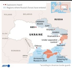Karta Ukrajine na kojoj su locirani glavni gradovi u kojima su se 24. veljače čule eksplozije i regije u koje su ušle ruske snage, prema ukrajinskim graničarima. (SIMON MALFATTO, SOPHIE RAMIS / AFP) (SIMON MALFATTO, SOPHIE RAMIS / AFP)
