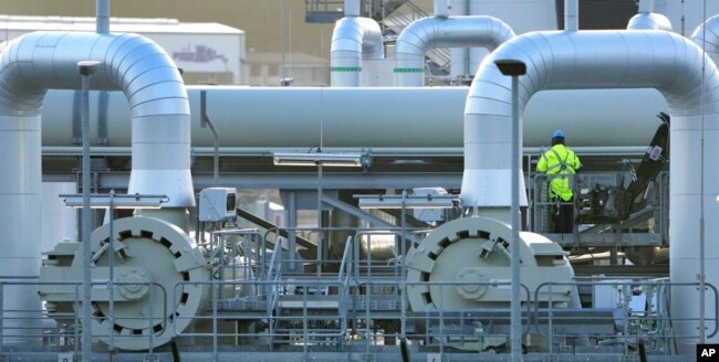 FILE - Pipes at the landfall facilities of the Nord Stream 2 gas pipline are pictured in Lubmin, northern Germany, Feb. 15, 2022.