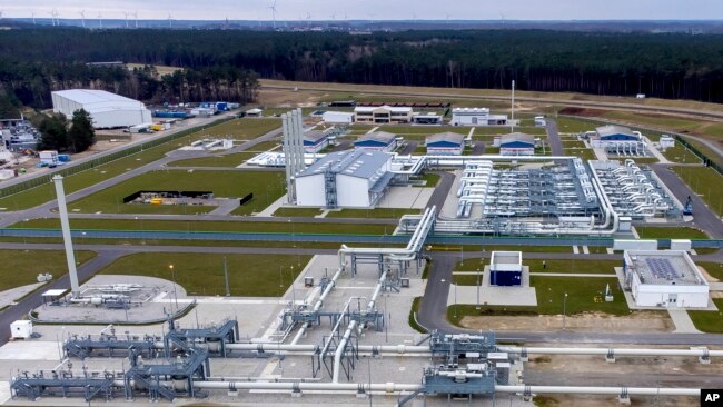 FILE - Pipes at the landfall facilities of the 'Nord Stream 2' gas pipeline are pictured in Lubmin, northern Germany, on Feb. 15, 2022.