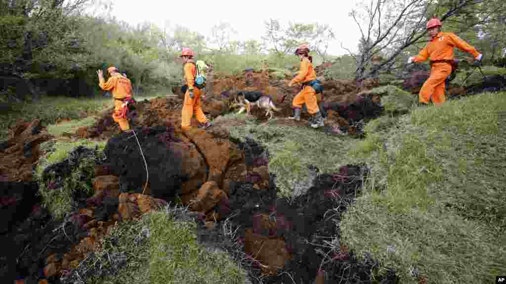 Des équipes de sauveteurs et des chiens à la recherche de survivants à Minamiaso, préfecture de Kumamoto, Japon, 17 avril 2016.