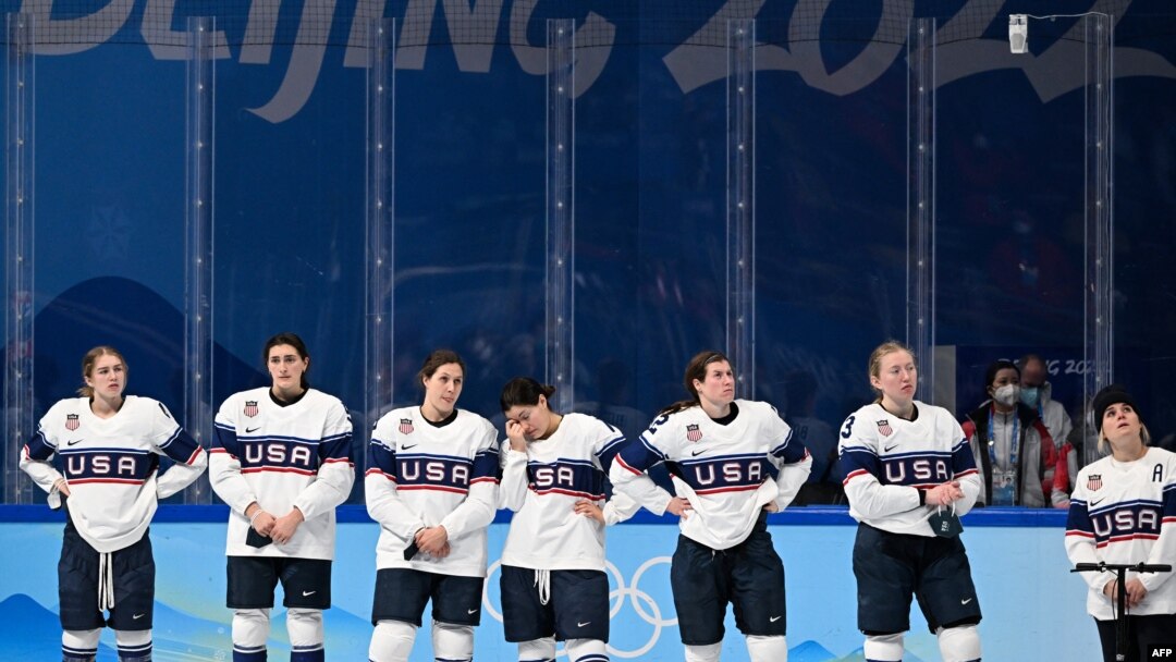 Silver medalists USA attend the victory ceremony of the women's ice hockey competition during the Beijing 2022 Winter Olympic Games at the Wukesong Sports Center in Beijing on Feb. 17, 2022.