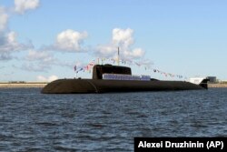 FILE - The Russian nuclear-powered cruise missile submarine K-266 Orel takes part in a military parade on July 26, 2020.