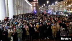 People attend an anti-war protest, after Russian President Vladimir Putin authorized a military operation in Ukraine, in Saint Petersburg, Russia, Feb. 24, 2022.
